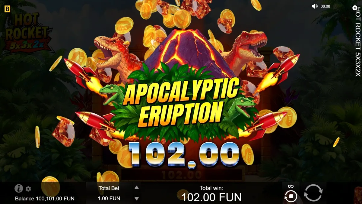Tampilan visual slot Hot Rocket 5x 3x 2x dengan latar belakang gunung berapi dan simbol klasik.