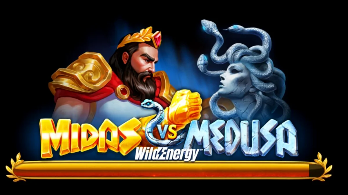 Tampilan visual slot Midas VS Medusa WildEnergy dengan elemen mitologi emas dan batu.